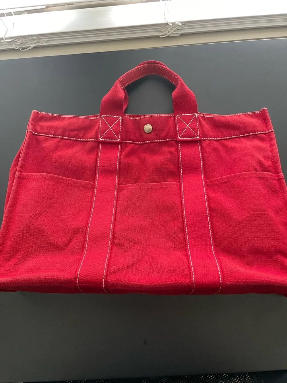 Hermes Red Canvas Laptop Tote with Contrast Stitching